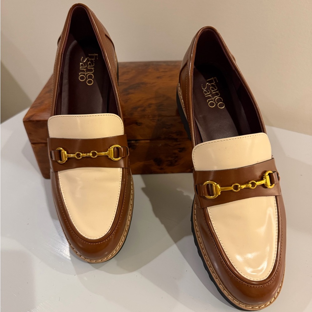Franco Sarto Tan and Cream Loafers with Gold Accent